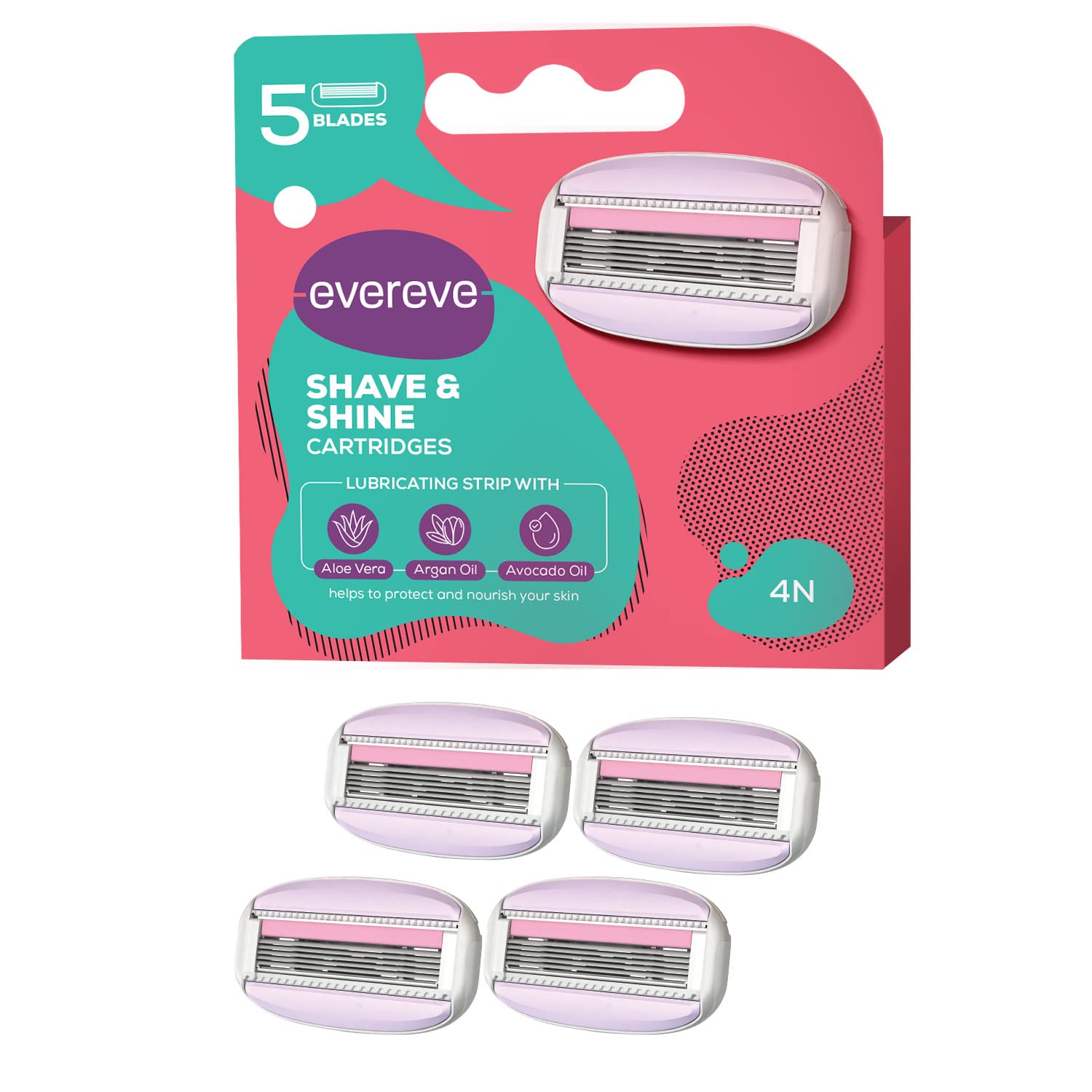 Evereve Shave & Shine Blades Refill Pack Of 4, Cartridges Of Razors For Women, Quick & Easy Hair Removal With Aloe Vera, Argan O