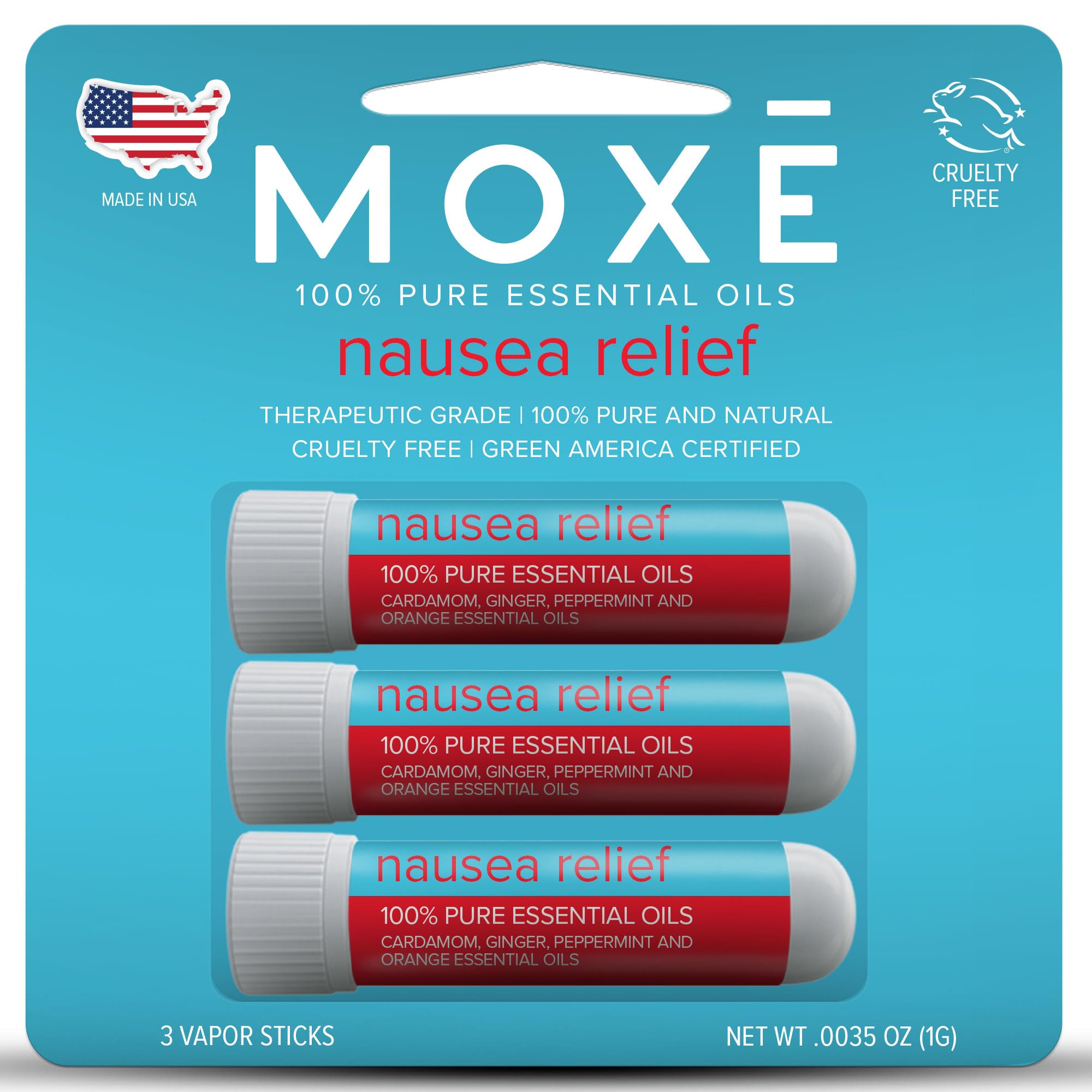 MOXE Nausea Nasal Inhaler Sticks, All Natural Essential Oil Blend, Ginger, Cardamom, Peppermint, Sweet Orange, Upset Stomach, He