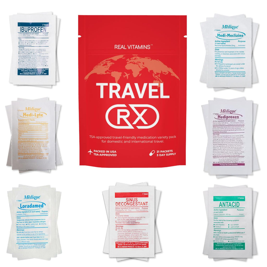 Travel RX Medicine Kit - Bulk Travel Medicine Kit with Individually Wrapped Medicine & Bag for Indigestion, Motion Sickness & Mo