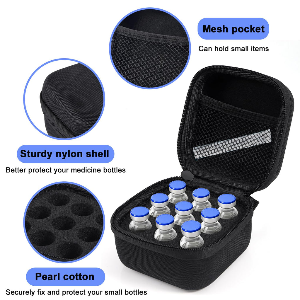 9 Slot Insulin Fridge Travel Storage Case, Black Secure & Compact Peptide Holder Fridge Organizer Case Fits Standard 10ml U-100