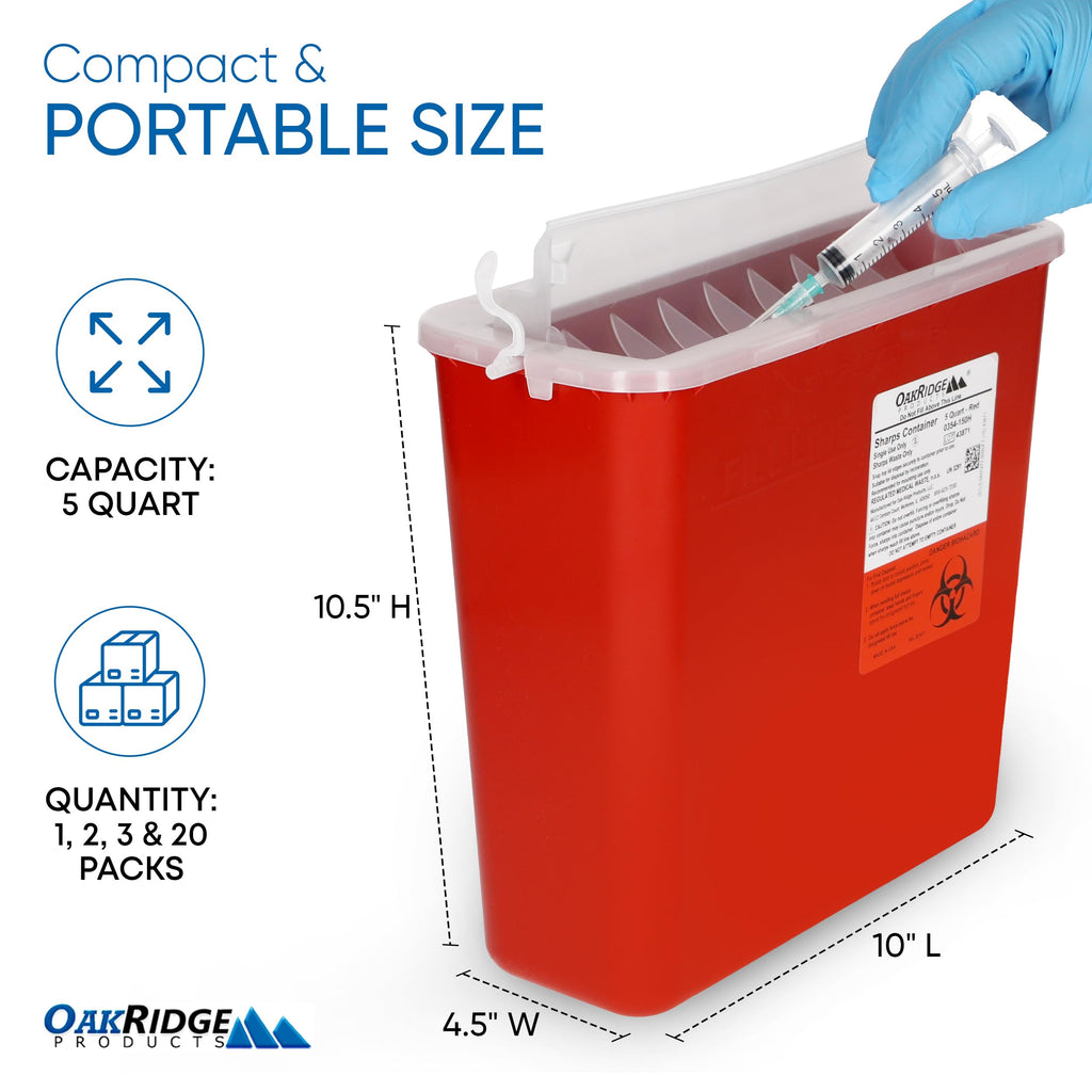 Oakridge Products Sharps Container for Home Use and Professional 5 Quart (1-Pack), Biohazard Needle and Syringe Disposal, Horizo
