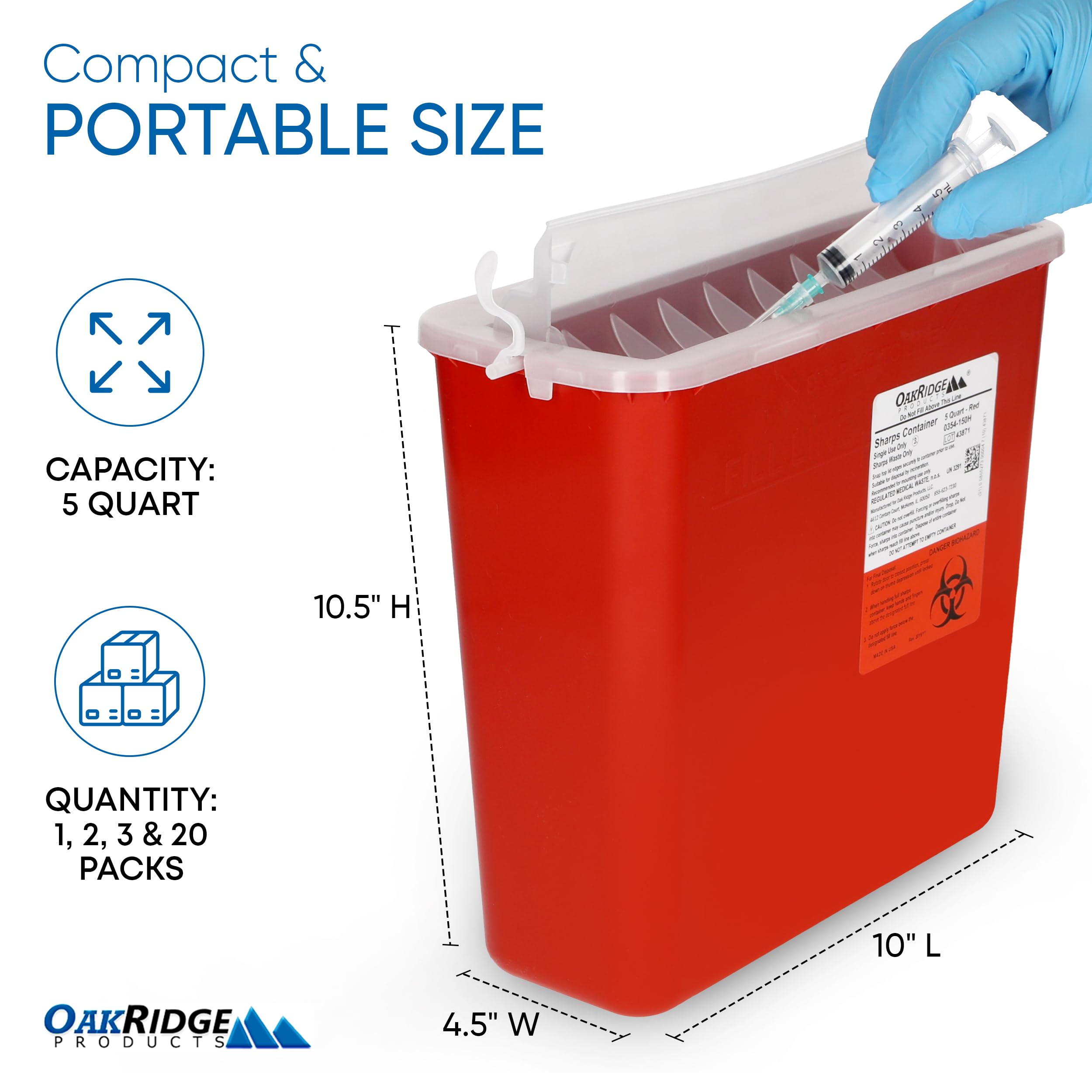 Oakridge Products Sharps Container for Home Use and Professional 5 Quart (1-Pack), Biohazard Needle and Syringe Disposal, Horizo