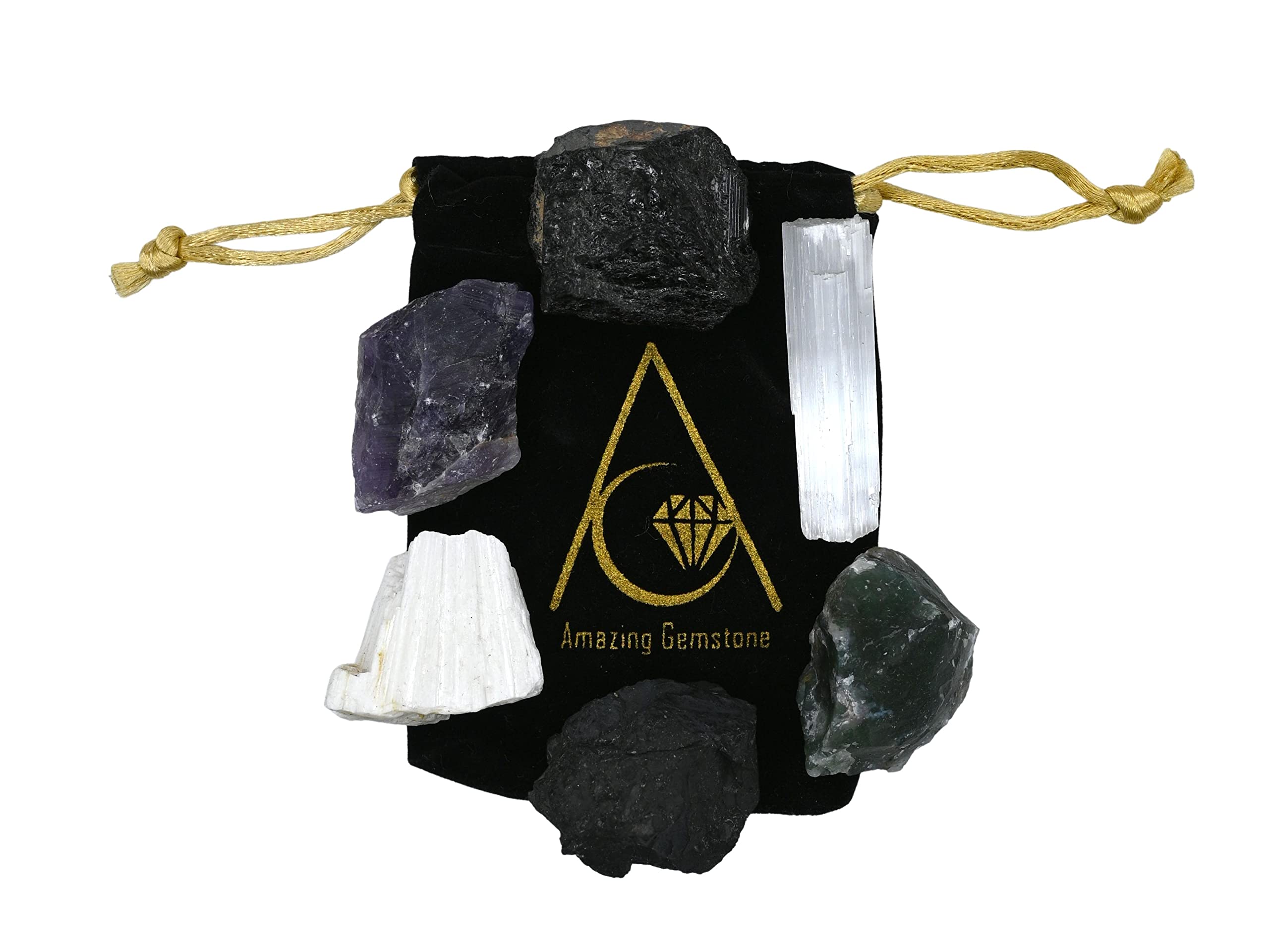 Crystals for House Protection Manifestation, Set of 6 Amethyst, Scolecite, Shungite, Black Tourmaline, Selenite and Moss Agate H