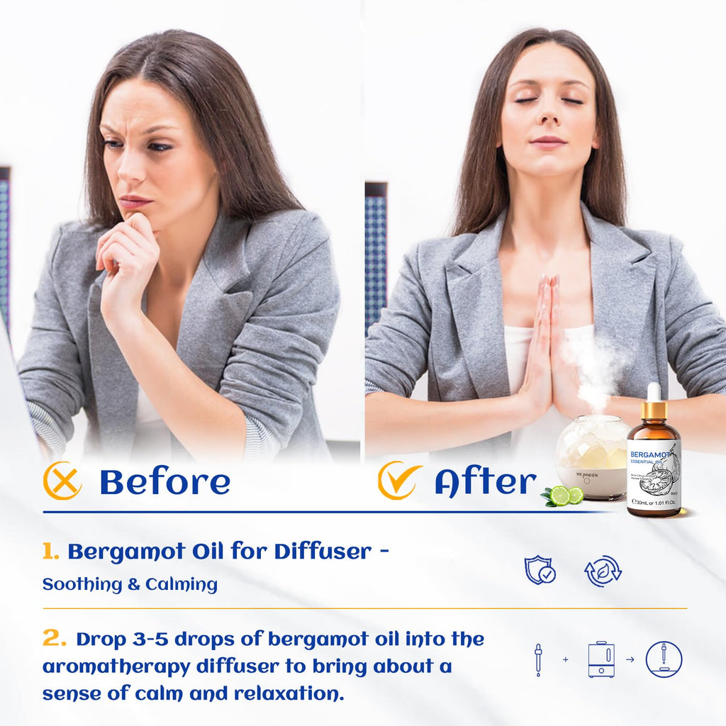 HIQILI Bergamot Essential Oil for Skin, Diffuser & Deodorize, 100% Pure and Natural - 1.01 Fl Oz