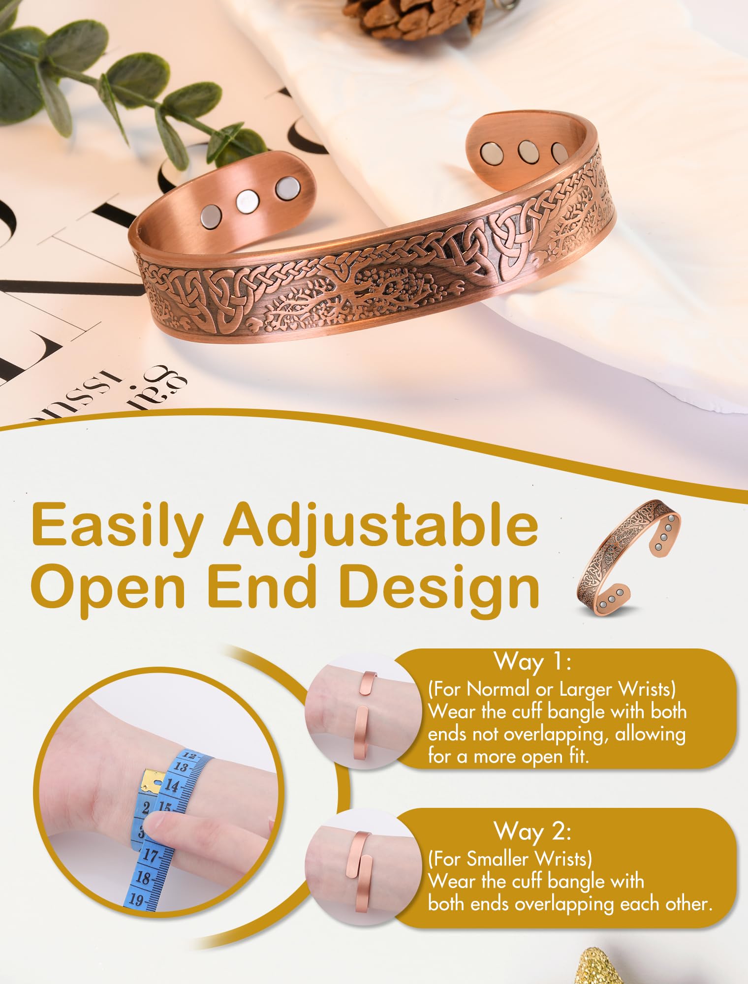 Feraco Copper Magnetic Bracelets for Men Women with Strong Magnets, Tree of Life Pattern, 99.99% Pure Solid Copper Cuff Bangle,