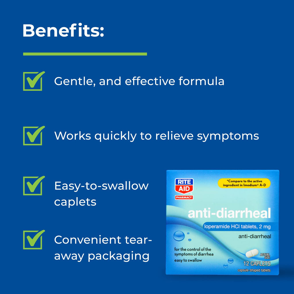Rite Aid Anti-Diarrheal Caplets - 12 Count - 2 mg Loperamide Hydrochloride | Easy-to-Swallow Anti-Diarrhea Pills | Diarrhea Medi