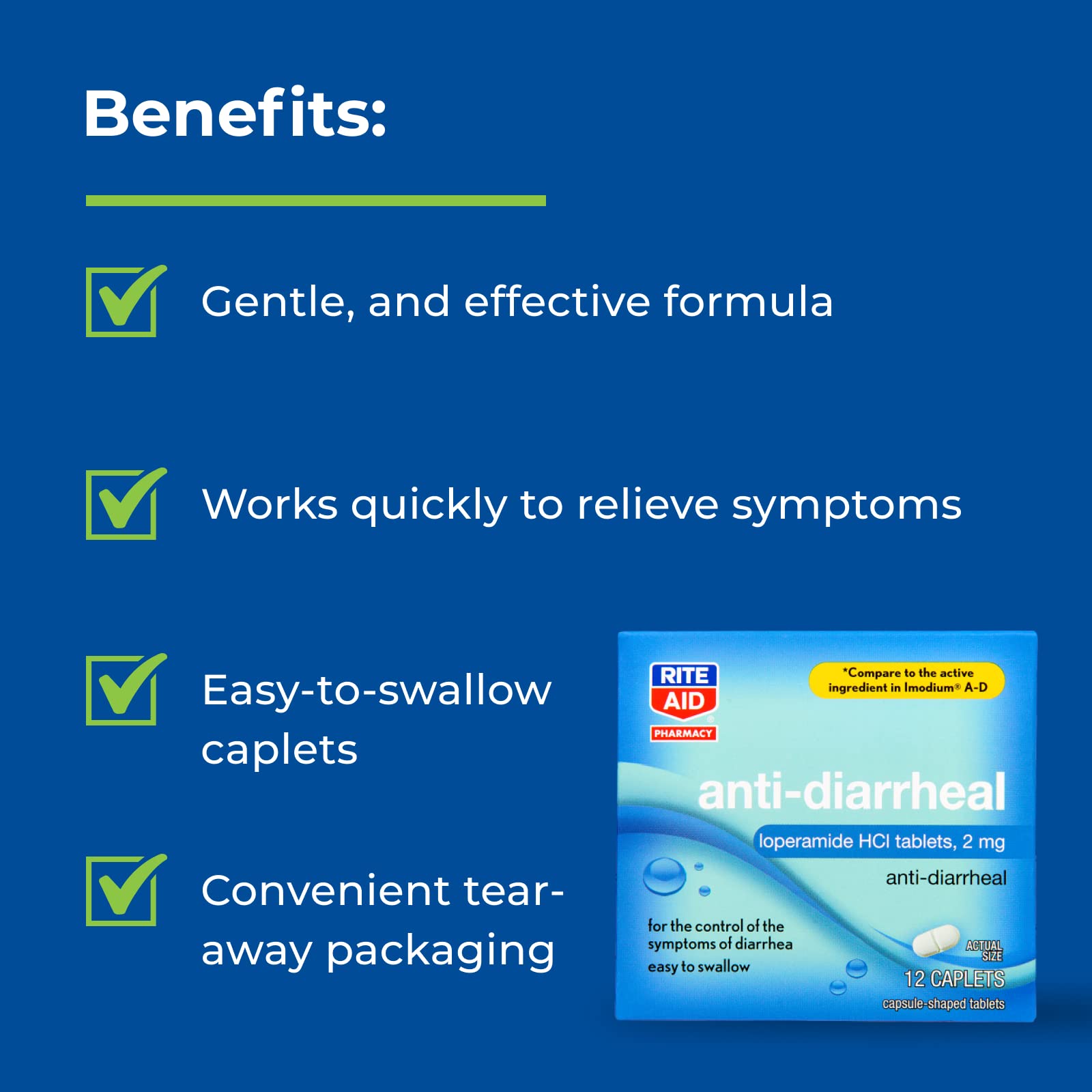 Rite Aid Anti-Diarrheal Caplets - 12 Count - 2 mg Loperamide Hydrochloride | Easy-to-Swallow Anti-Diarrhea Pills | Diarrhea Medi
