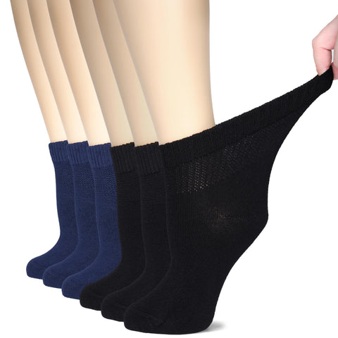 Hugh Ugoli Women's Bamboo Ankle Loose Fit Diabetic Socks, Soft, Seamless Toe, Wide Stretchy, Non-Binding Top, 6 Pairs, Black/Nav