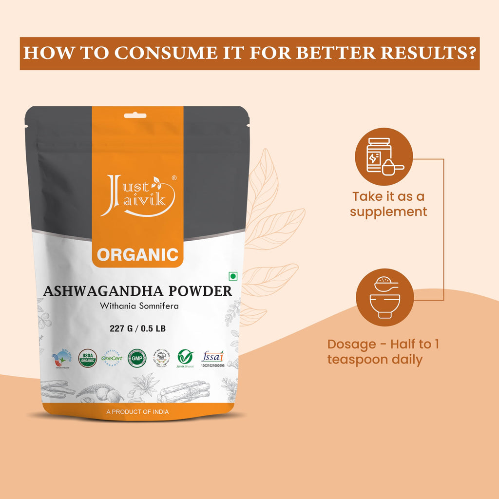 100% Organic Ashwagandha Powder- Withania Somnifera- USDA Certified Organic- 227g (0.5 LB) 8 oz - Ayurvedic Herbal Supplement Th