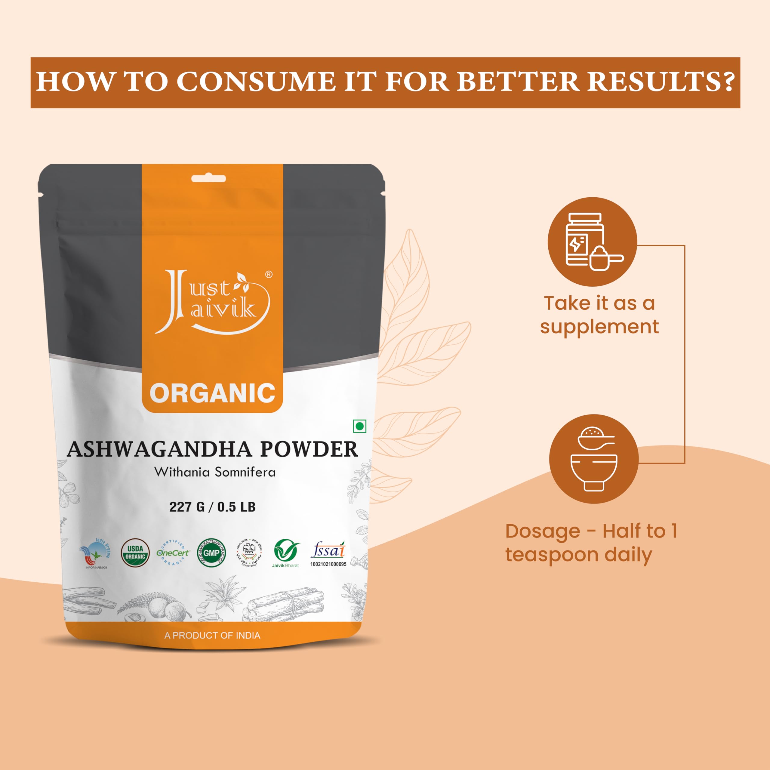 100% Organic Ashwagandha Powder- Withania Somnifera- USDA Certified Organic- 227g (0.5 LB) 8 oz - Ayurvedic Herbal Supplement Th