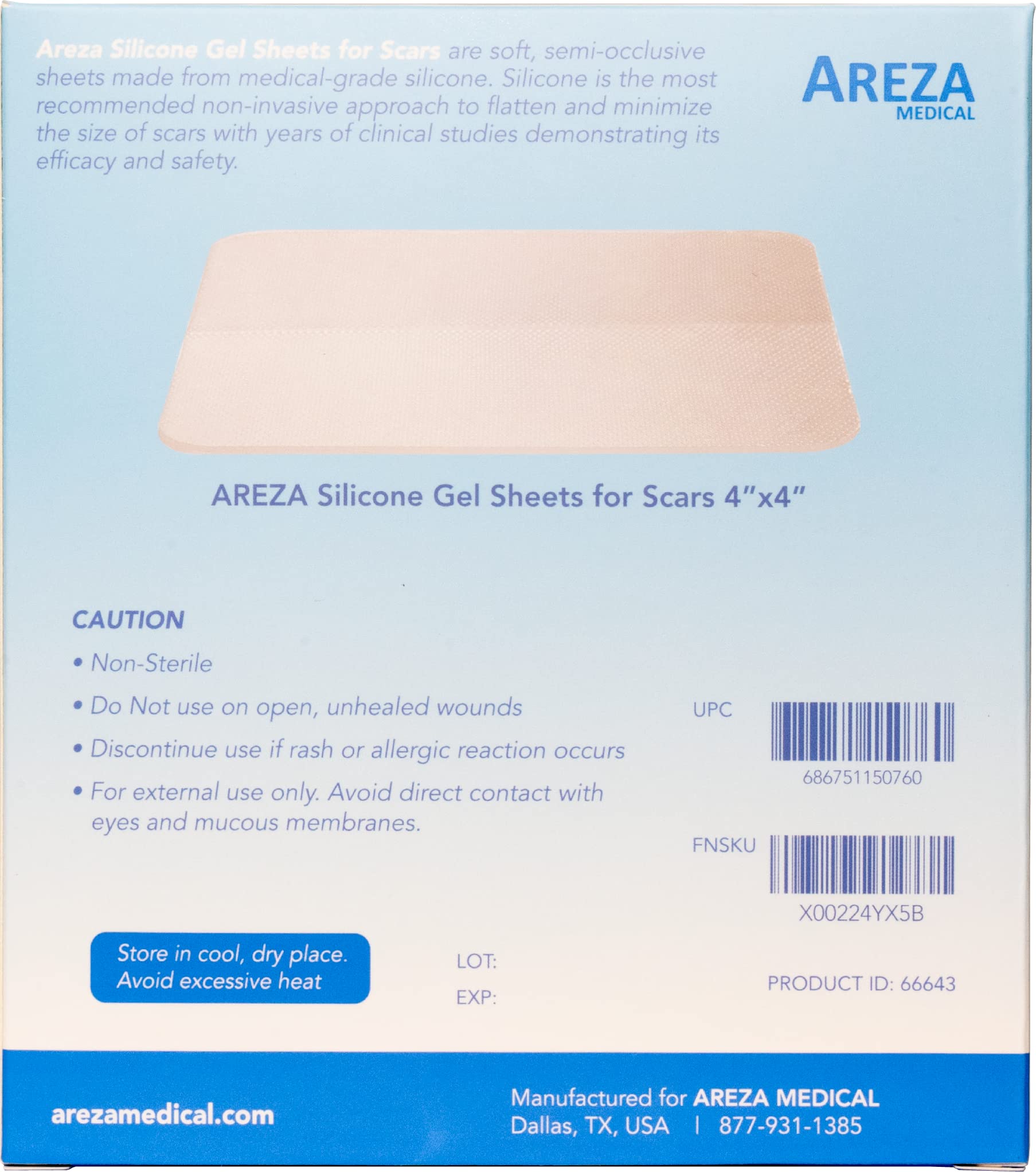 Silicone Gel Sheets for Scars 4'' x 4'' Three Sheets Per Box; by Areza Medical