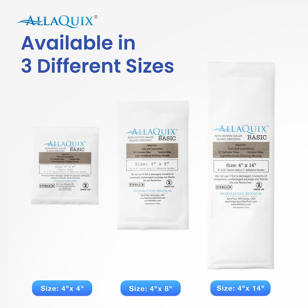 AllaQuix Basic Non-Woven Gauze Island Dressing 4    x 8    (Box of 25) Advanced Wound Care - Medical-Grade Adhesive Gauze Pads