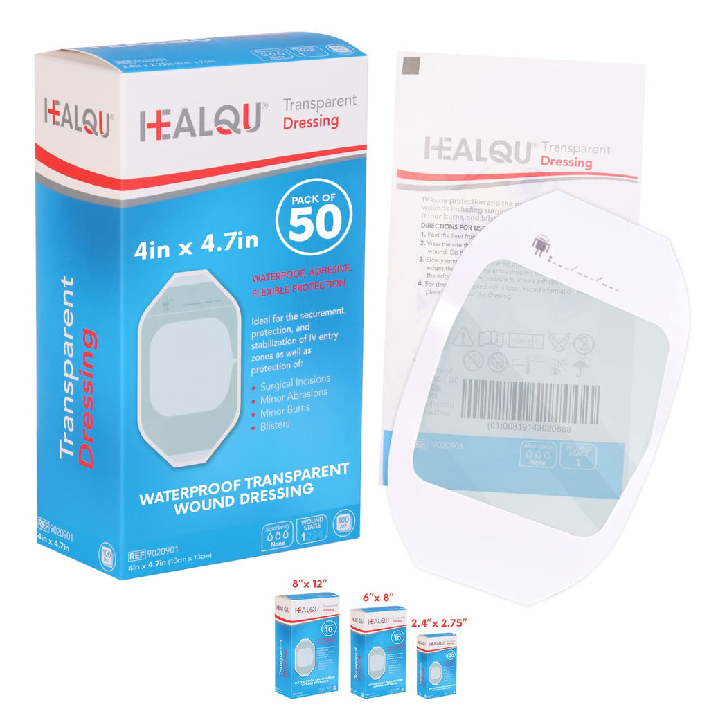 Transparent Film Dressing, 4'' x 4 3/4'' Box of 50 - Waterproof Wound Bandage Adhesive Patches, Post Surgical Shower or IV Shiel