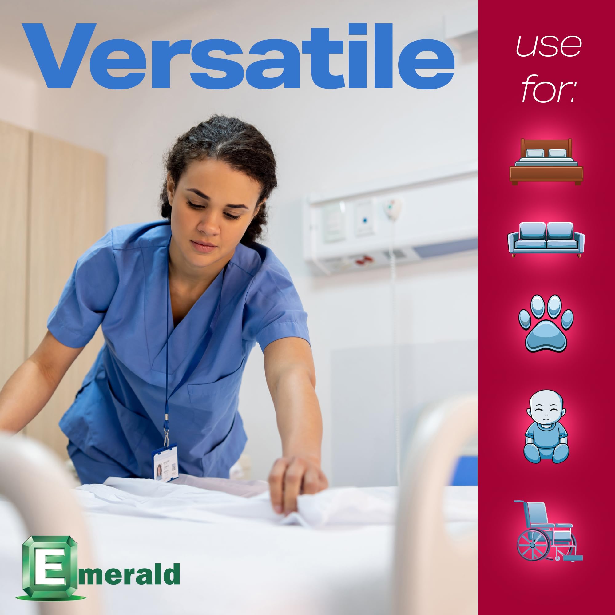 Emerald Incontinence Underpads, 50 Pads, Waterproof Plastic Backing, Highly Absorbent Cotton Fluff, Non-Skid, for Bedwetting, Pe
