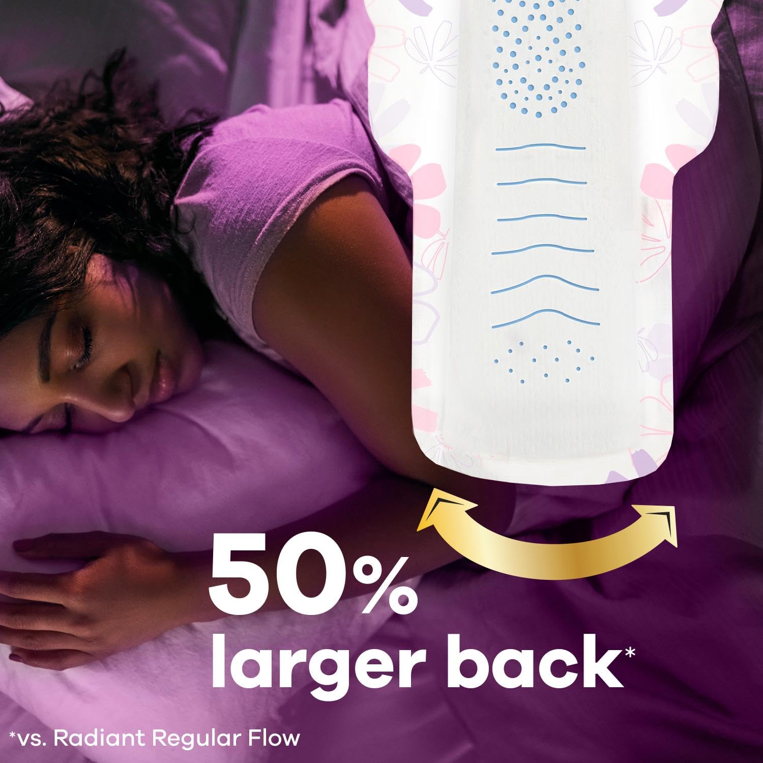 Always Radiant FlexFoam Pads for Women, Size 4, Overnight Absorbency, 100% Leak & Odor Free Protection is possible, with Wings,