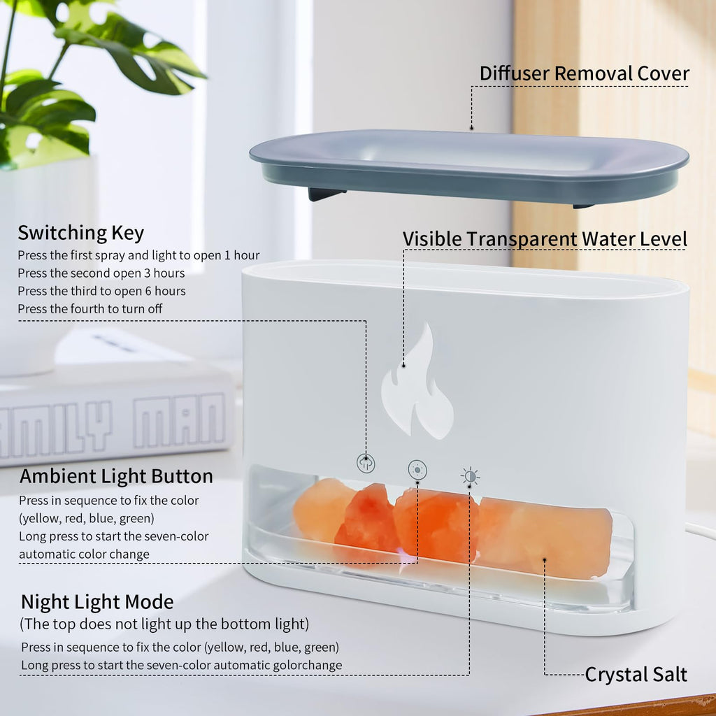 Salt Lamp Diffuser 2 in 1 Flame Diffuser 250ml Himalayan Salt Lamp Diffusers for Home Colorful Essential Oil Diffusers White Aro