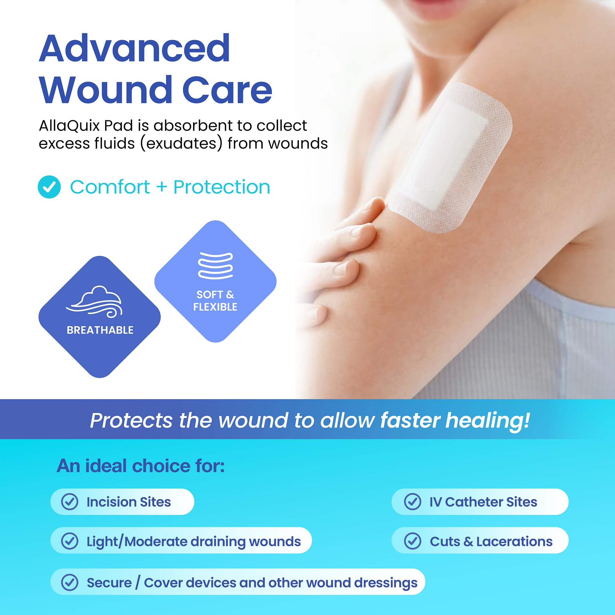 AllaQuix Basic Non-Woven Gauze Island Dressing 4    x 8    (Box of 25) Advanced Wound Care - Medical-Grade Adhesive Gauze Pads