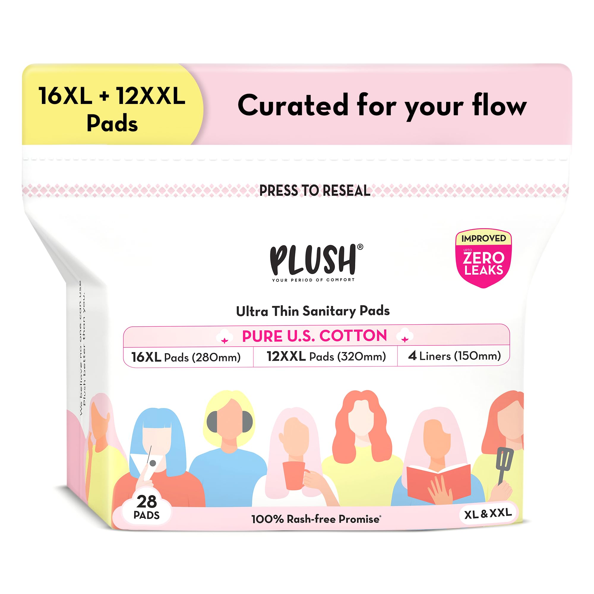Plush UltraThin Sanitary Pads For Women, 28 Pcs (16 Xl, 12 Xxl & 4 Panty Liners) |Pure U.S. Cotton | Resealable Supersaver Pack