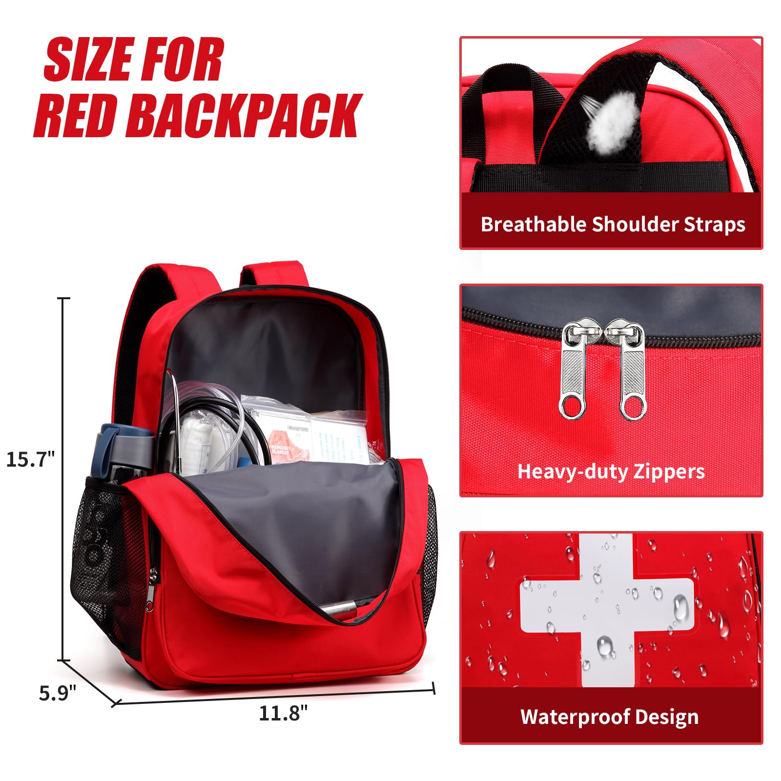 First Aid Backpack Emergency Medical Empty Waterproof Survival First Responder Trauma Bag Travel Home Outdoor Camping (Red)