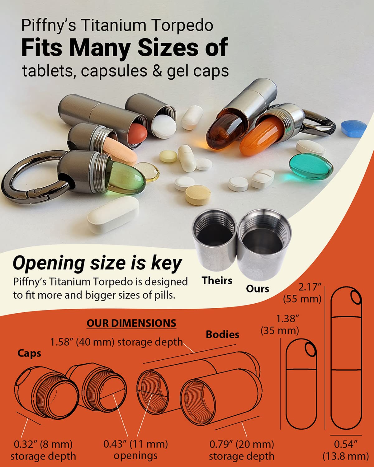 Piffny Titanium Torpedo Adjustable-Length Waterproof Keychain Pill Holder Medicine Fob for Travel and Everyday Assurance - Gunme