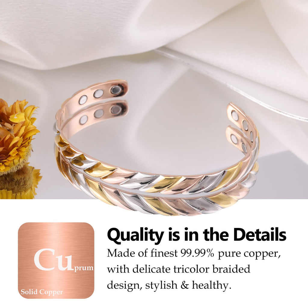 Feraco Copper Magnetic Bracelet for Women, Fashionable Braided Cuff Bangle with 3500 Gauss Magnets, 99.99% Pure Copper Jewelry G