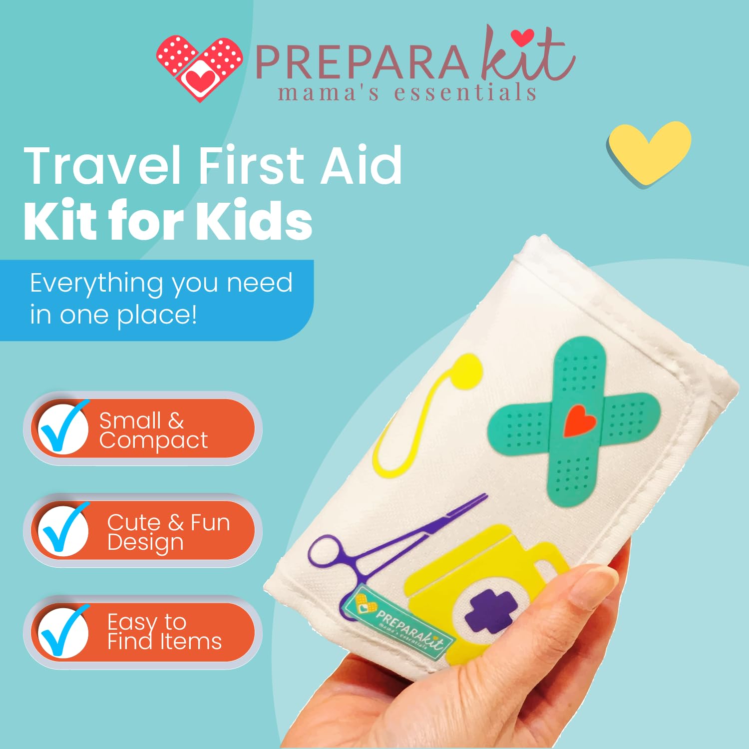PreparaKit Travel First Aid Kit for Kids - Mini First Aid Kit for Car, Purse, Backpack, or Diaper Bag - 75 Piece Travel Medicine