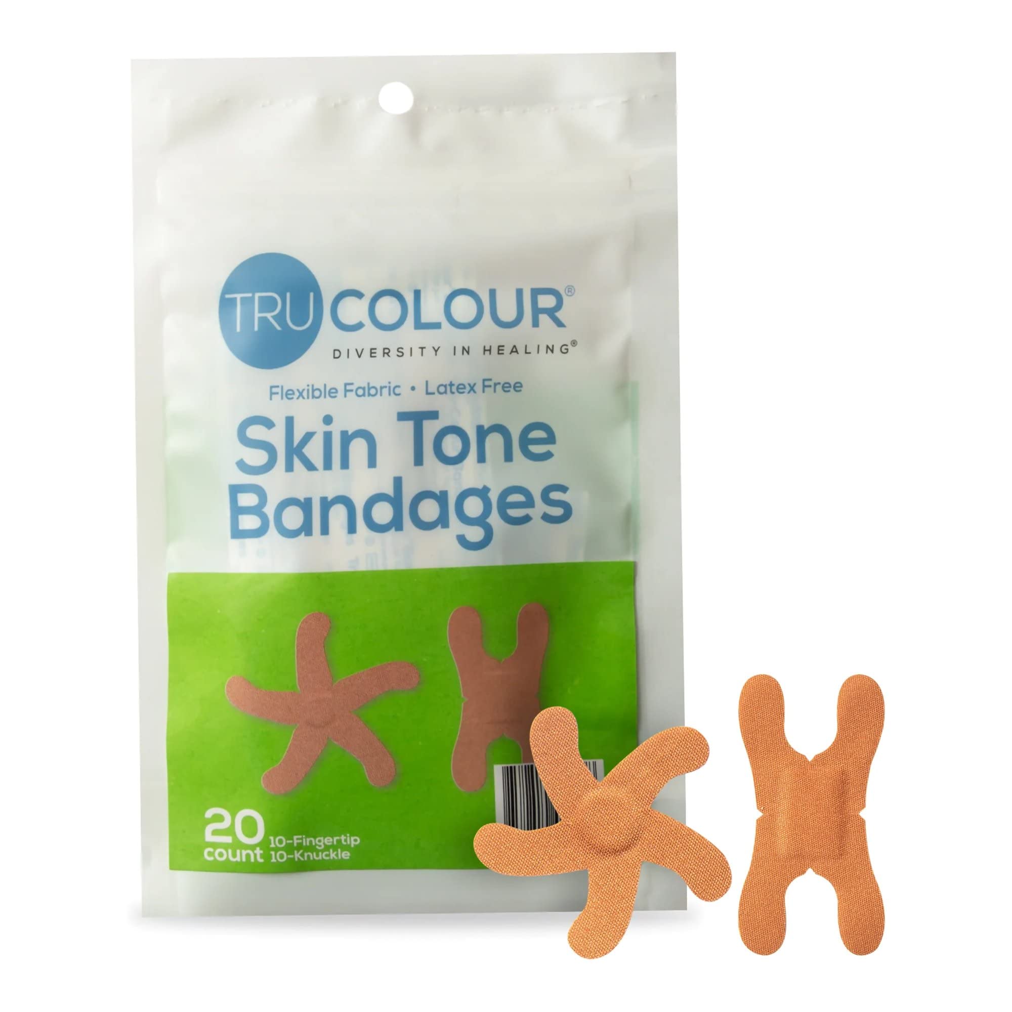 Tru Colour - Knuckle and Fingertip Bandages, Flexible Fabric Adhesive Bandages, Olive Skin Tone Shade, Green Bag, 20 Count