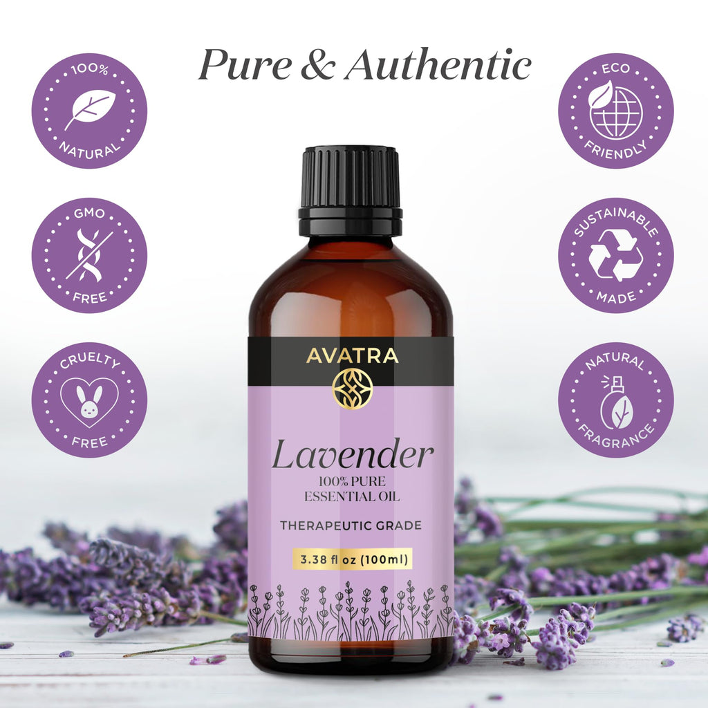 Avatra Lavender Essential Oil 100ML (3.38 OZ) with Glass Dropper and Travel Bottle, Pure and Natural Therapeutic Grade Lavender