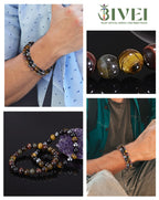 Bivei Men Bracelets Triple Protection Tiger Eye Black Obsidian Hematite Beaded Bracelets Crystal Healing Anxiety Chakra Natural