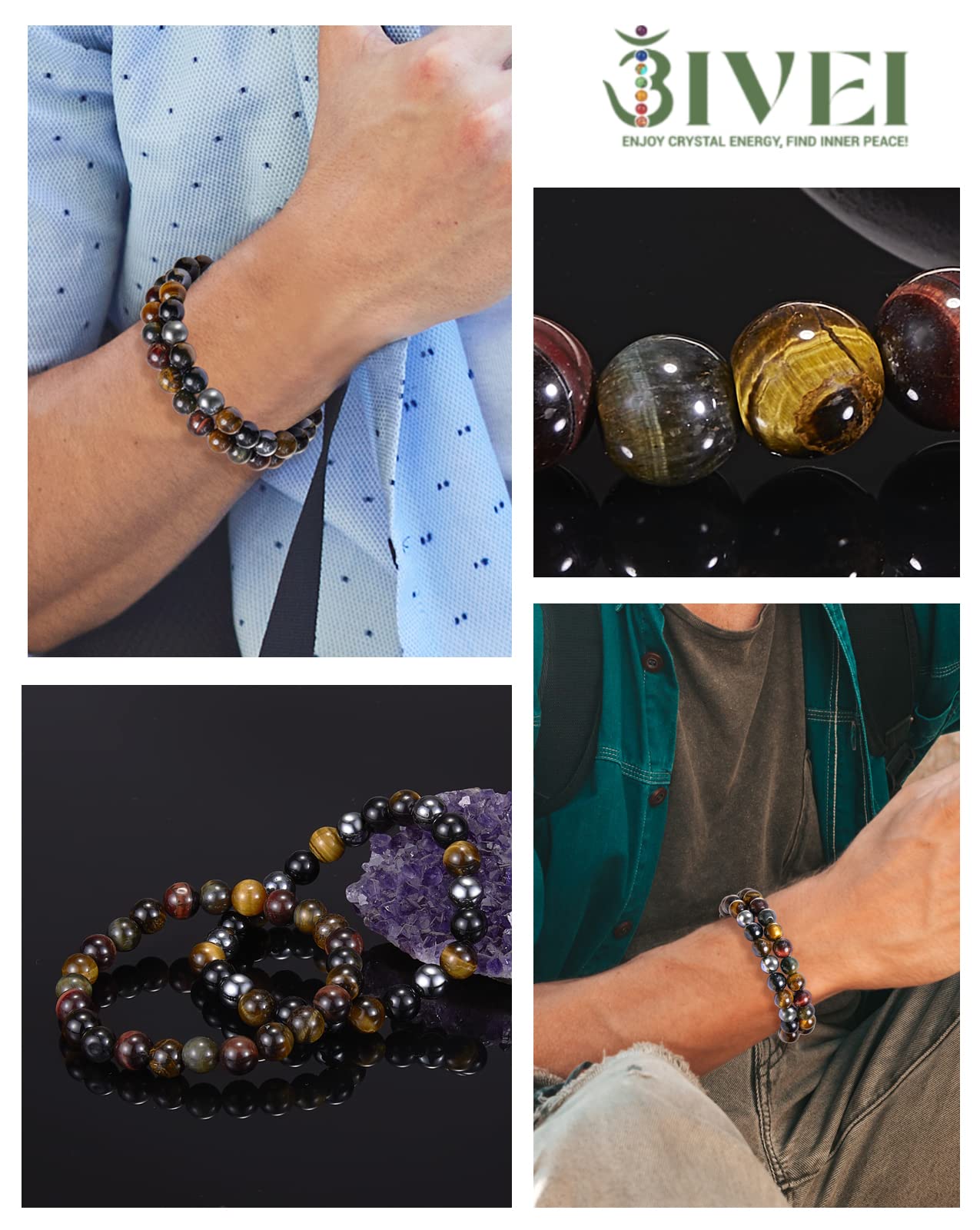 Bivei Men Bracelets Triple Protection Tiger Eye Black Obsidian Hematite Beaded Bracelets Crystal Healing Anxiety Chakra Natural
