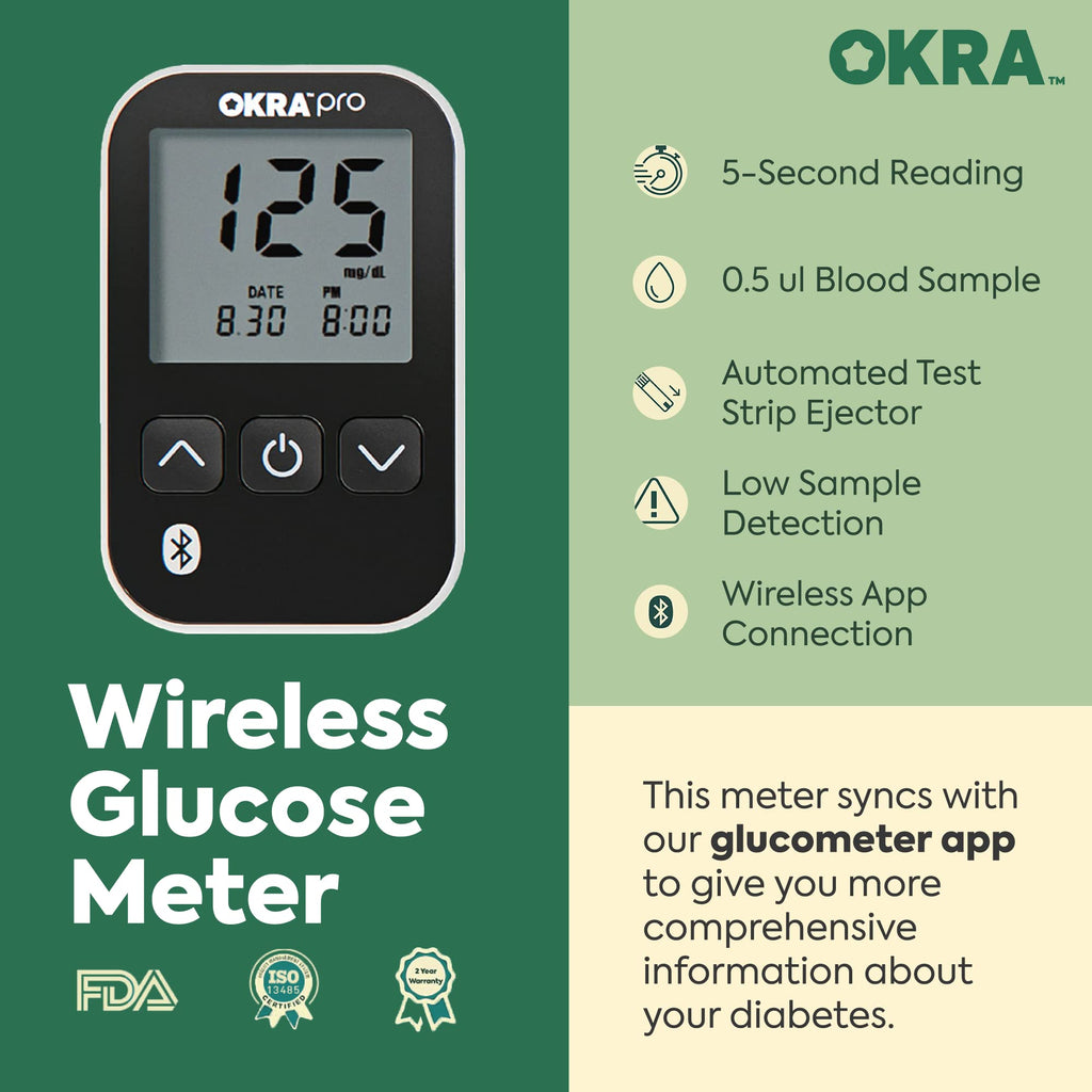 OKRA PRO Blood Sugar Monitor Kit - 5s Fast Glucose Results, No Coding, Strip Ejection, App for Tracking, 25 Test Strips, Home Di