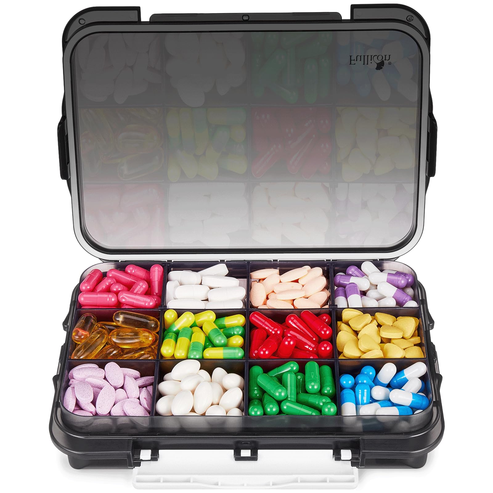 Fullicon Daily Travel Moisture Proof Pill Case with 12 Extra Large Compartment, Pill Organizer with 3 Secured Buckles, Large Sup