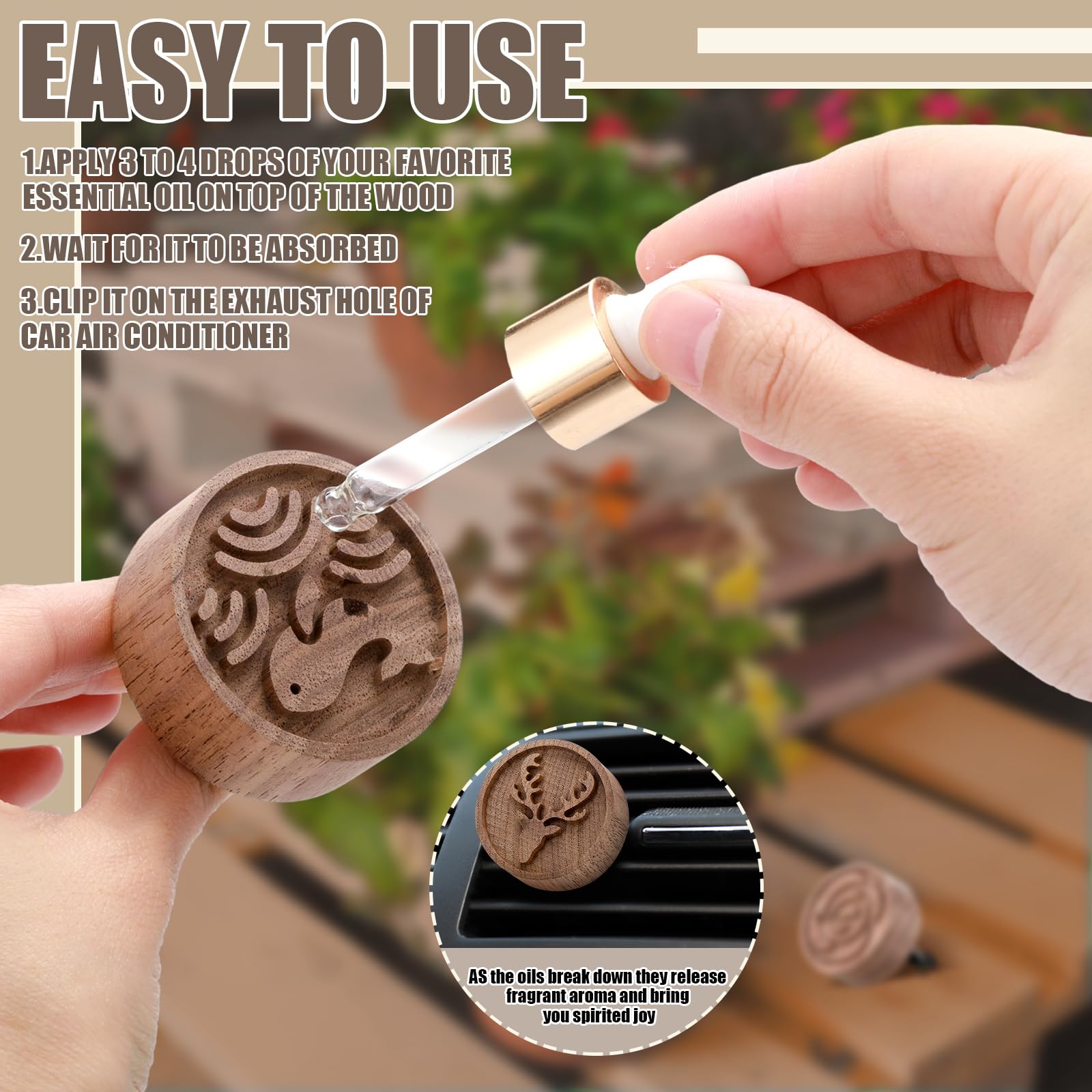 Teenyyou 4 Pcs Car Oil Diffusers Aromatherapy Passive Essential Oil Diffuser with Vent Clip Walnut Wood Round Air Freshener Port