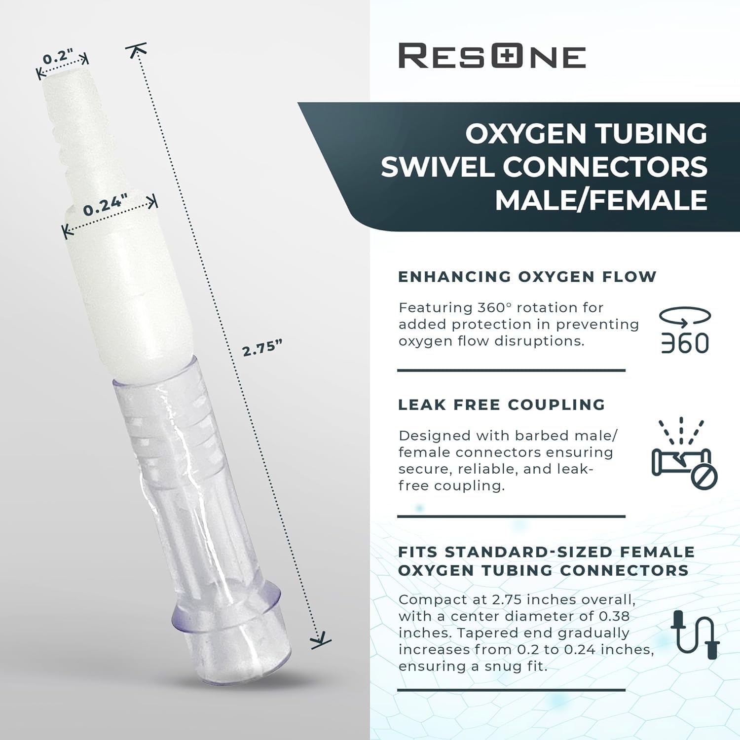 ResOne Oxygen Tubing Swivel Connectors 5-Pack, Cannula, Hose, Tube Connectors, Oxygen Line Splitter, Concentrator Supplies, 360-