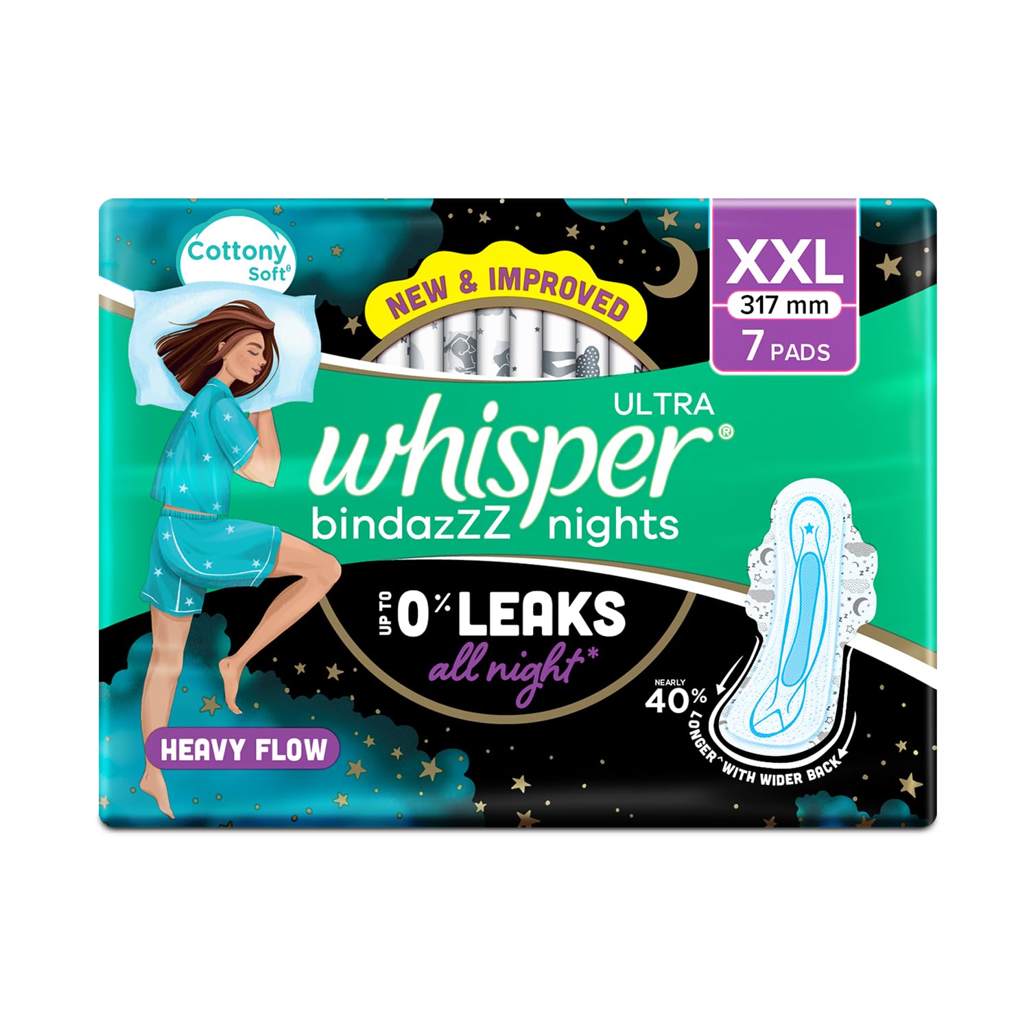 Whisper Bindazzz Nights 7 Xxl Sanitary Pads, Upto 0% Leaks All Night Long, For Heavy Flow, Nearly 40% Longer With Wider Back, Ac