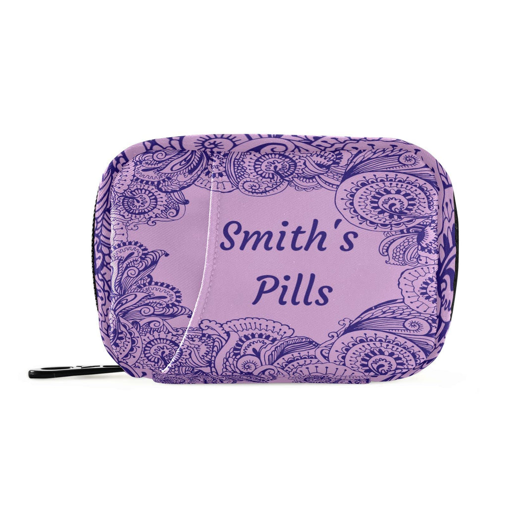 Custom Pill Box 7 Day Pill Case Bag Purple Floral Paisley Personalized Name Travel Pill Organizer Bag with Zipper Portable Weekl
