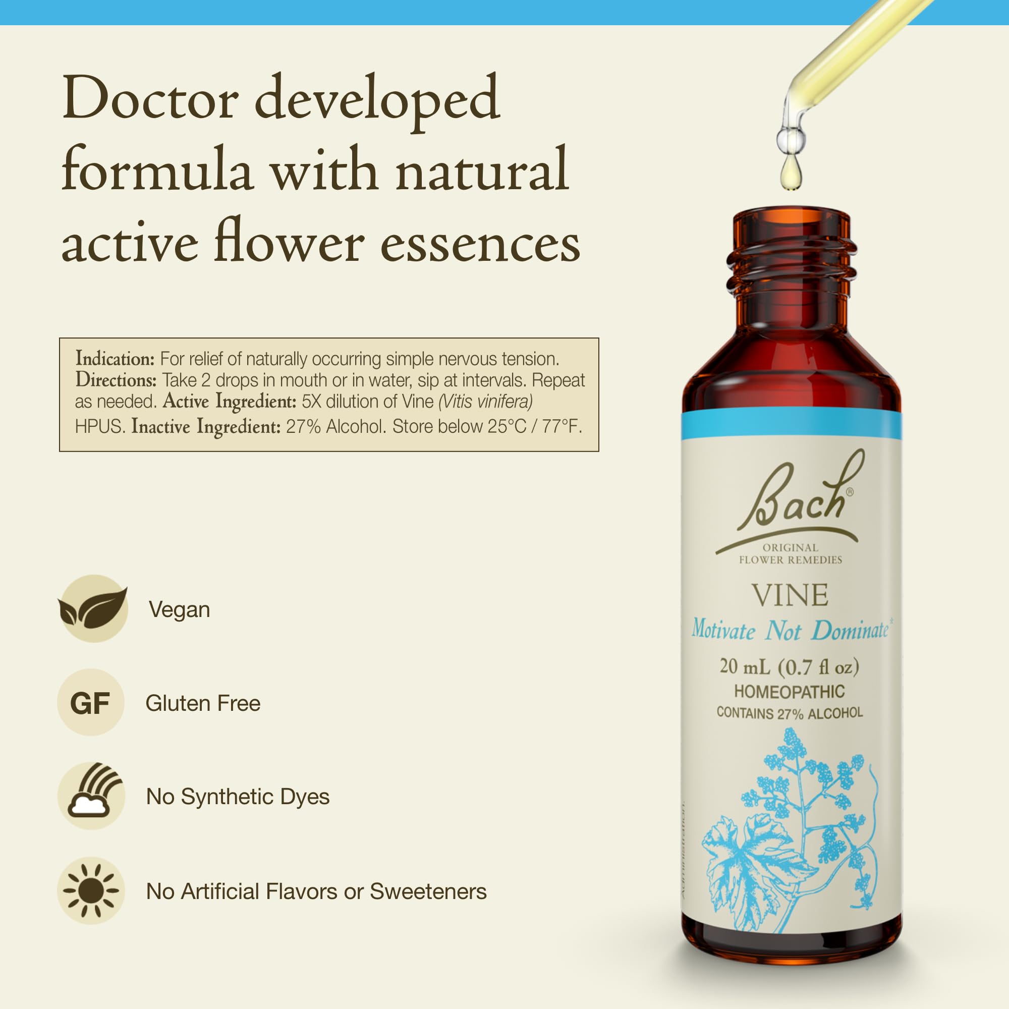 Bach Original Flower Remedies, Vine - Motivate Not Dominate - Natural Homeopathic Flower Essence for Emotional Balance - Vegan,