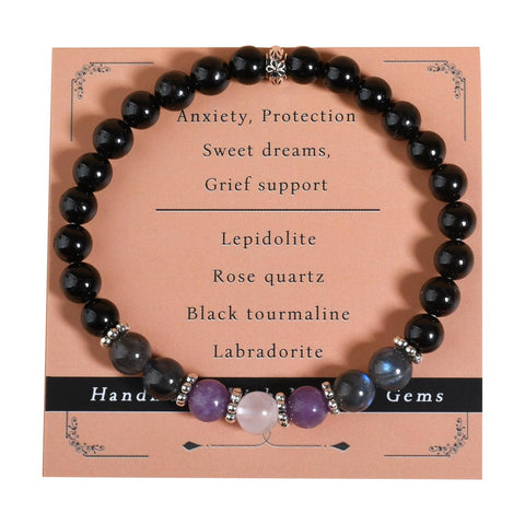 Gracayfr Anxiety Relief Bracelet Protection Black Tourmaline Labradorite Lepidolite Rose Quartz Healing Crystal Grief Support Gi