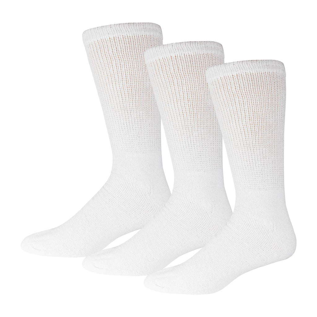 3 Pairs of Cotton Diabetic Neuropathy Crew Socks (13-16, Fits Men's Shoe Size 12-14.5, White)