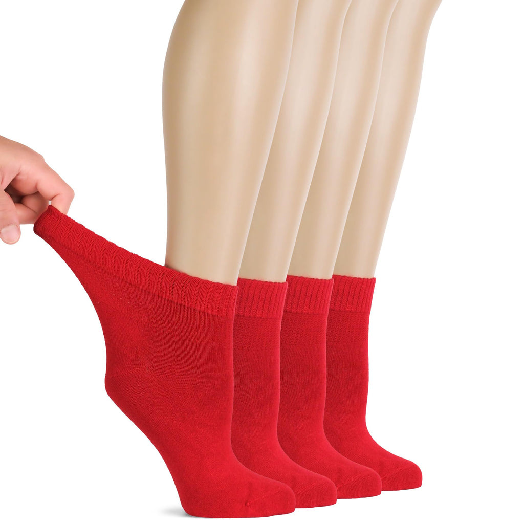 Hugh Ugoli Women Diabetic Ankle Socks, Super Soft & Thin Bamboo Socks, Wide & Loose, Non-Binding Top & Seamless Toe, 4 Pairs, Re