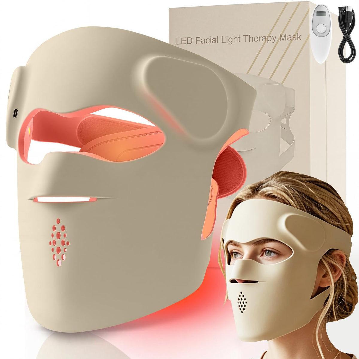 3D 9Level Skincare LED Light Therapy Mask with 9 Light Waves 70LED/280Leds, Rechargeable Red Light Therapy Mask with Eye Protec