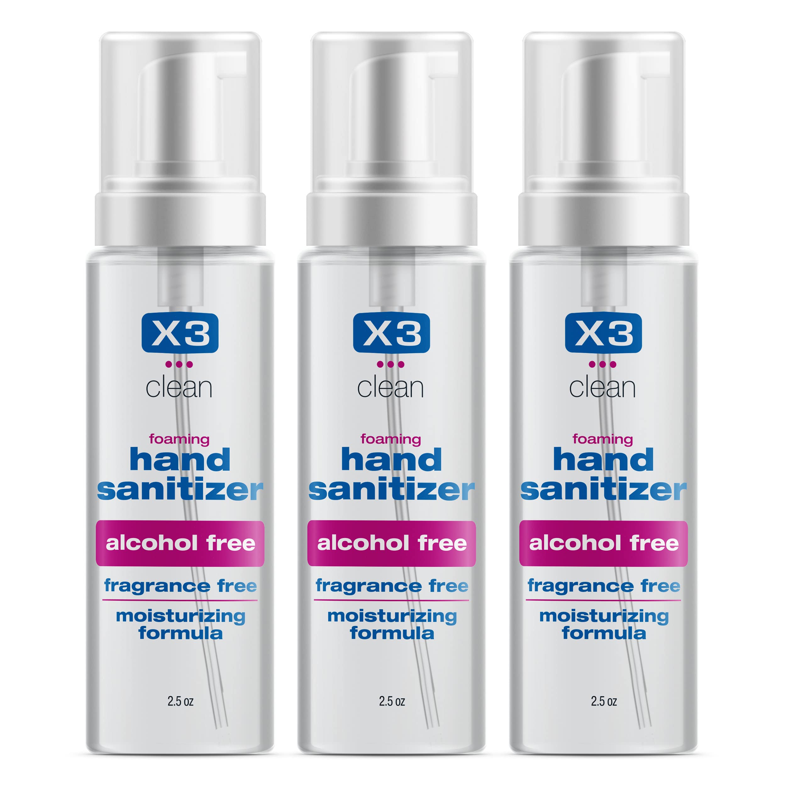 X3 Clean Foaming Hand Sanitizer, Alcohol Free and Fragrance Free, Kills 99.9% Germs, Moisturizing Formula, Travel Size 2.5 oz (3
