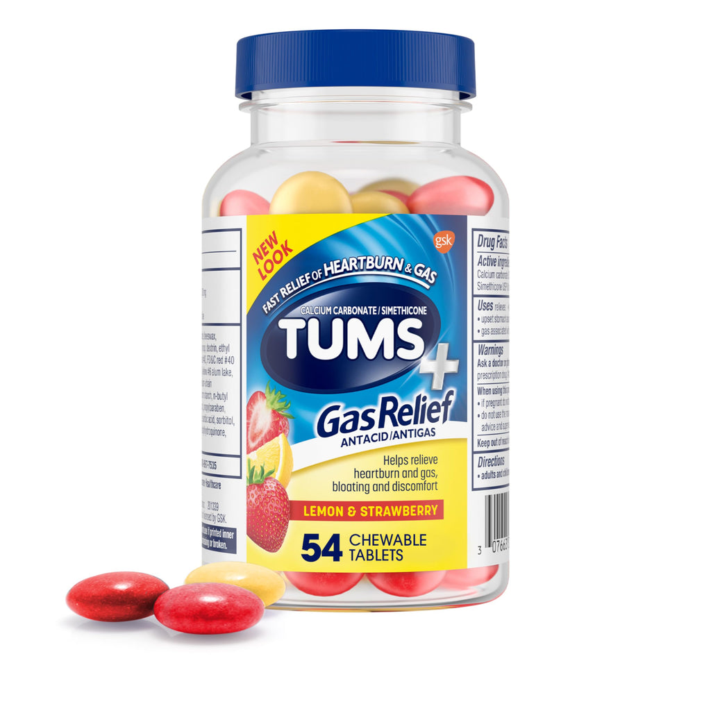 TUMS Chewy Bites Chewable Antacid Tablets with Gas Relief, Lemon & Strawberry - 54 Count