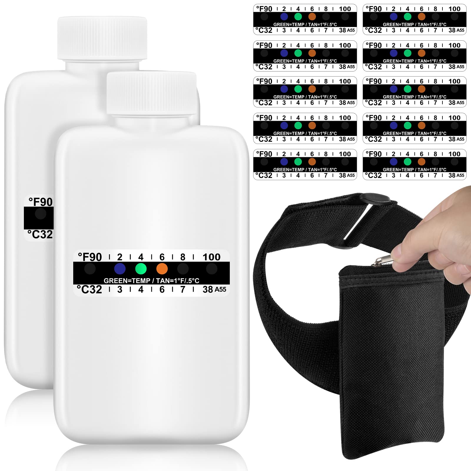 Remagr 14 Pcs Urine Show Complete Kit 2 Portable Empty Bottles 10 Adhesive Temperature Show Strip Hidden Leg Strap Urine Oxford 