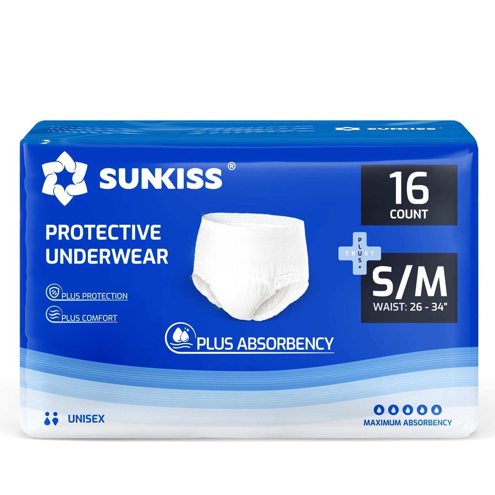 SUNKISS TrustPlus Unisex Incontinence Disposable Underwear, Heavy Absorbency, Barrier Leak Protection, Odor Control, 16 Count, S