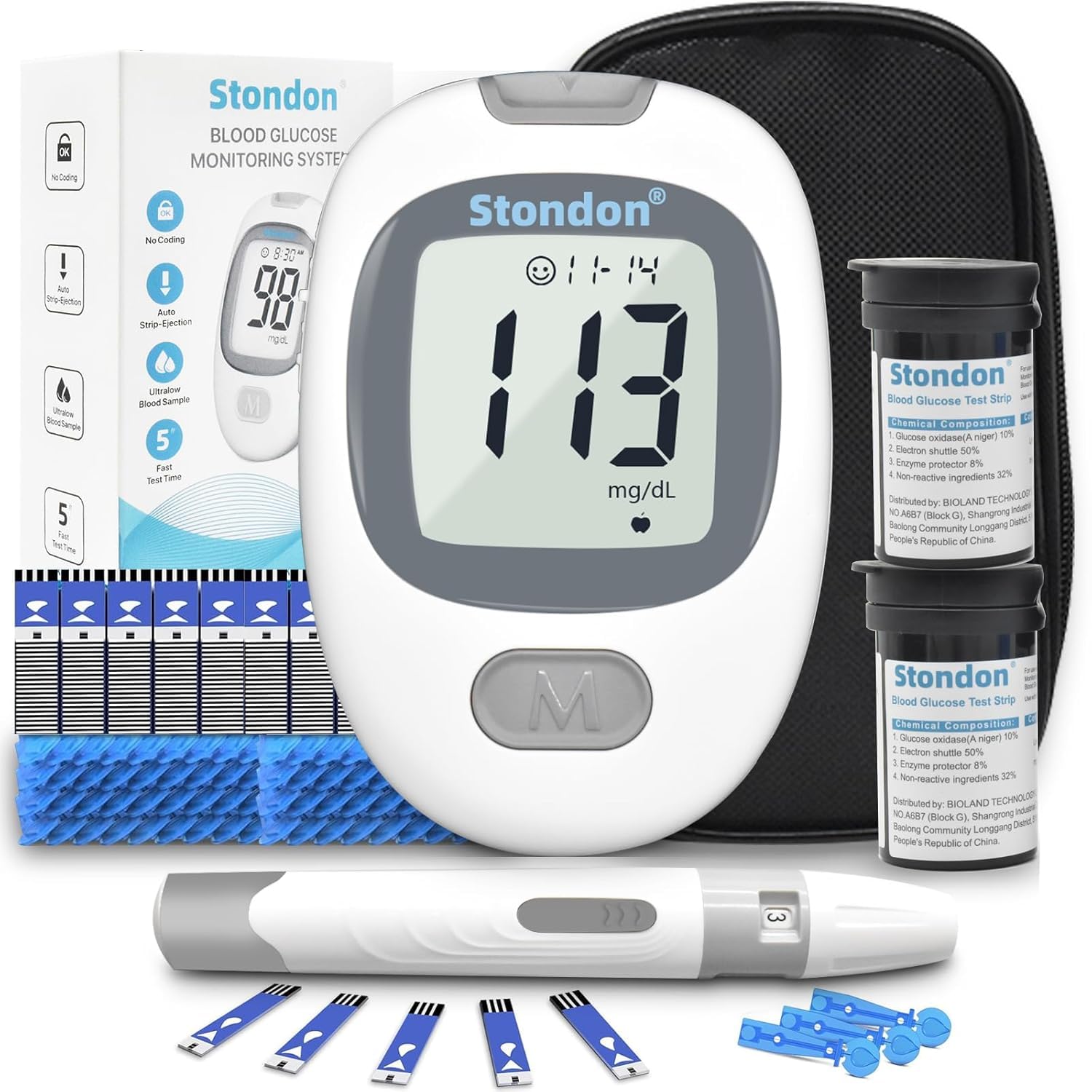 Stondon Blood Glucose Monitor Kit,Blood Sugar Testing kit,Diabetes Testing Kit, Blood Glucose Meter, 100 Glucometer Strips, 100 