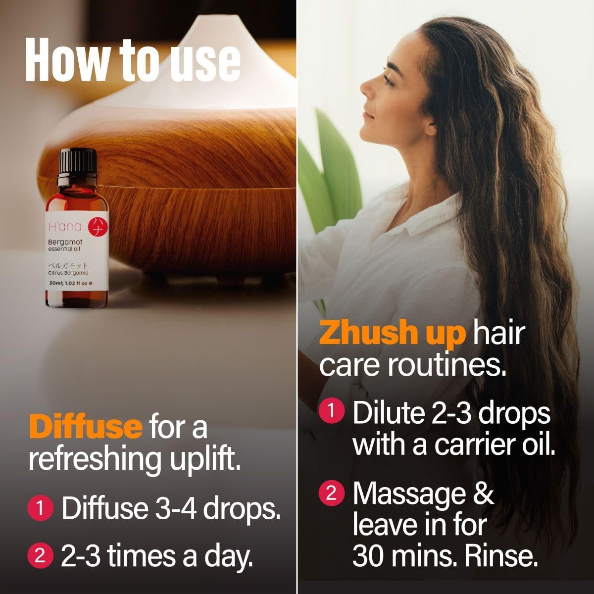 Hana Bergamot Essential Oil - 100% Pure and Natural Bergamot Oil for Diffuser, Hair, Shampoo, Skin and Aromatherapy - With a Fre