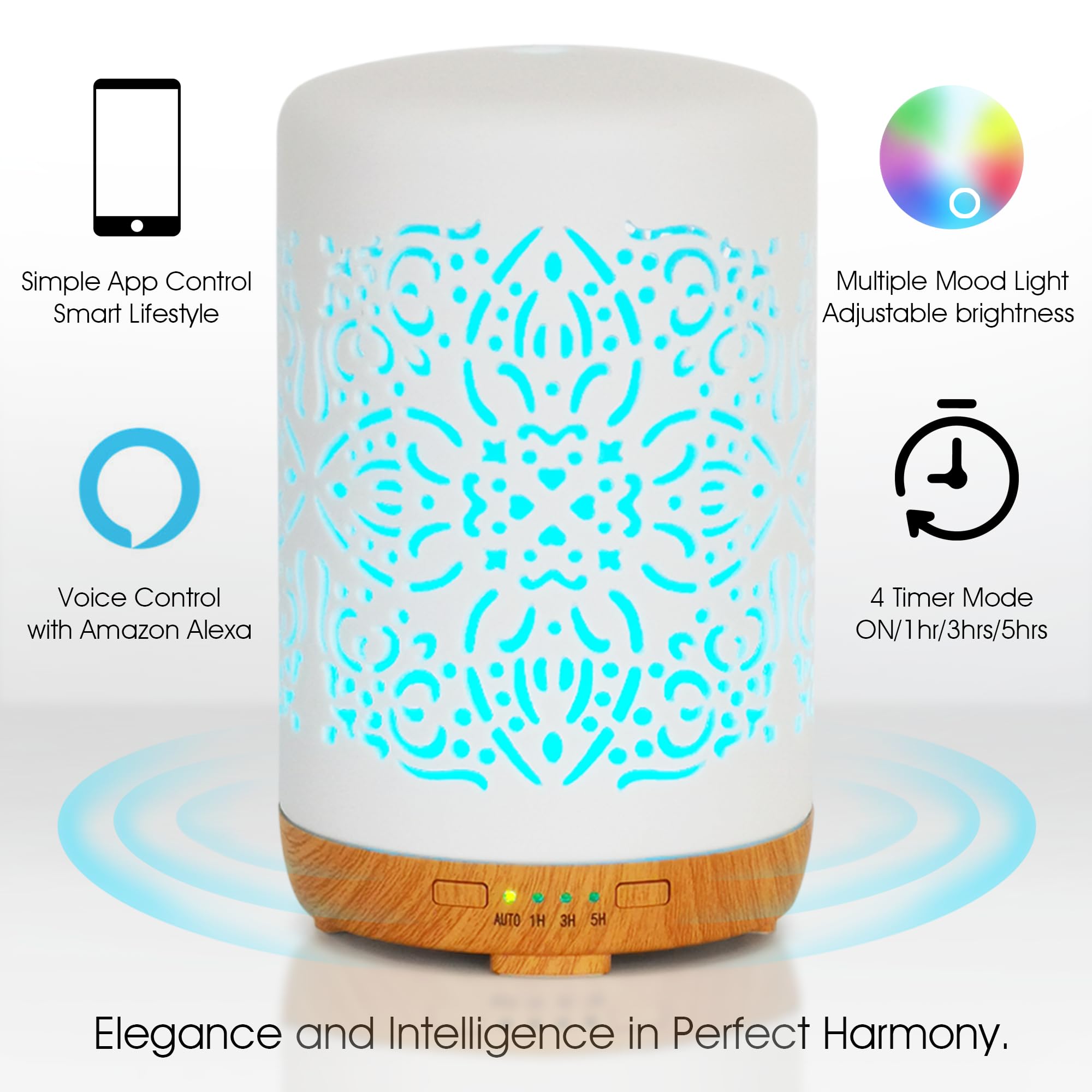 Earnest Living Smart Wifi Essential Oil Diffuser White Ceramic Diffuser 250 ml with Alexa Google Home App Phone Control LED and
