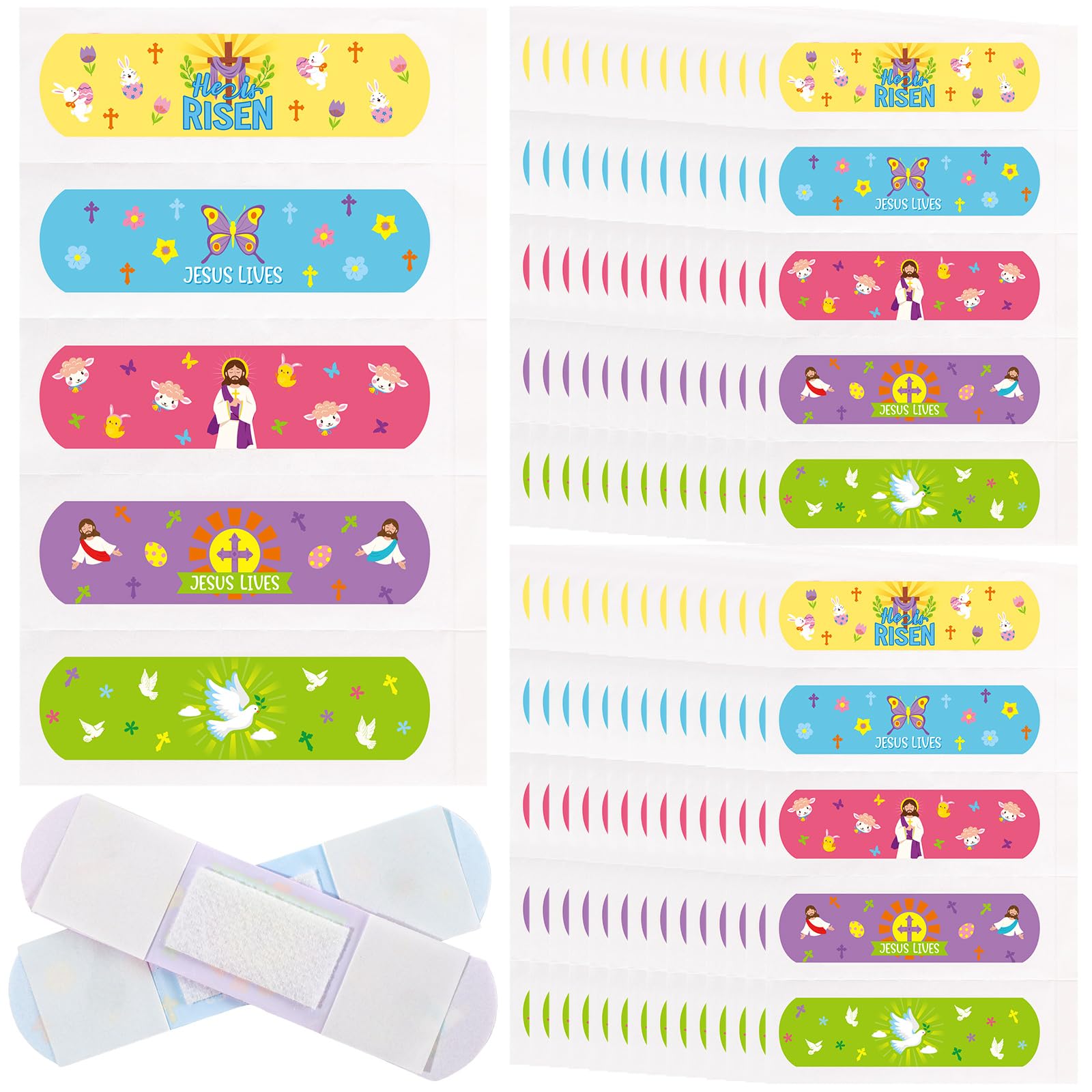 Geiserailie 100 Pcs Jesus Bandages Bulk Kid Easter Egg Stuffers Gifts Cartoon Nativity Scene Adhesive Bandages He is Risen Water