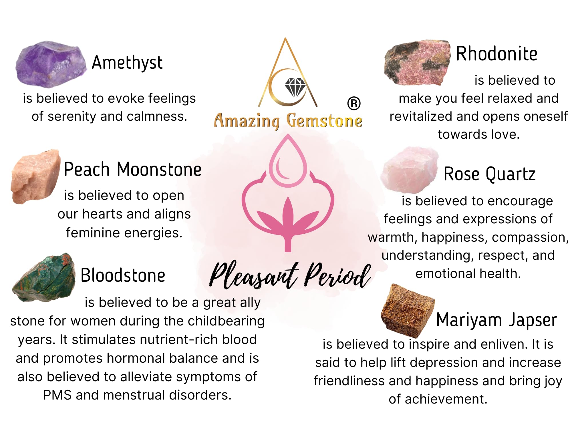 Crystals for Pleasant Period Menstrual Cycle Menses, Set of 6 Blood Stone, Rose Quartz, Peach Moonstone, Mariyam Jasper and Rhod